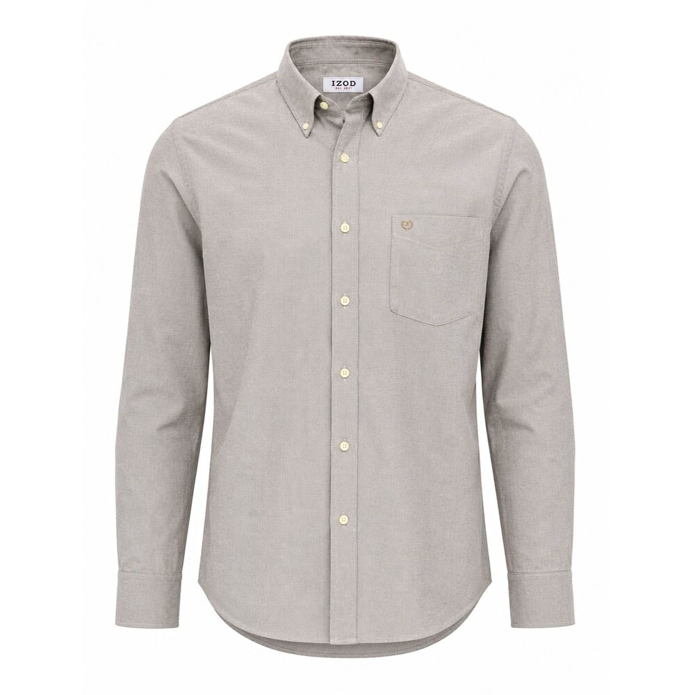 IZOD Button-Down Button-Up Shirt Long Sleeve Cotton Solid Gray Pockets L